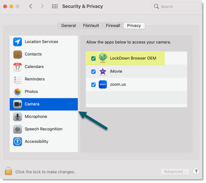 Mac Security & Privacy settings, Privacy tab, with Camera selected and LockDown Browser OEM checked in the list of apps allowed to use the camera.